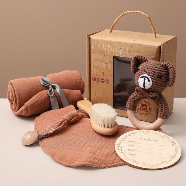 Newborn memory set – baby bath kit, soft wrap & photo milestone items