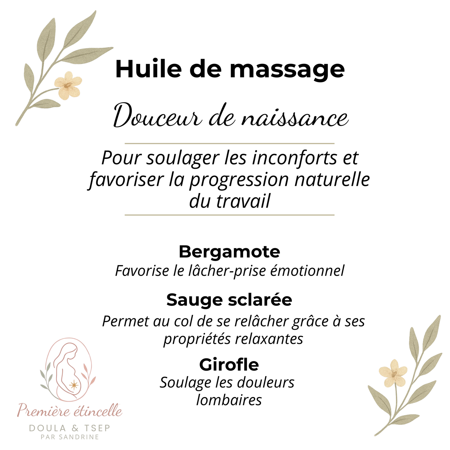 Douceur de l'accouchement — Huile de massage aux huiles essentielles naturelles (50 ml)